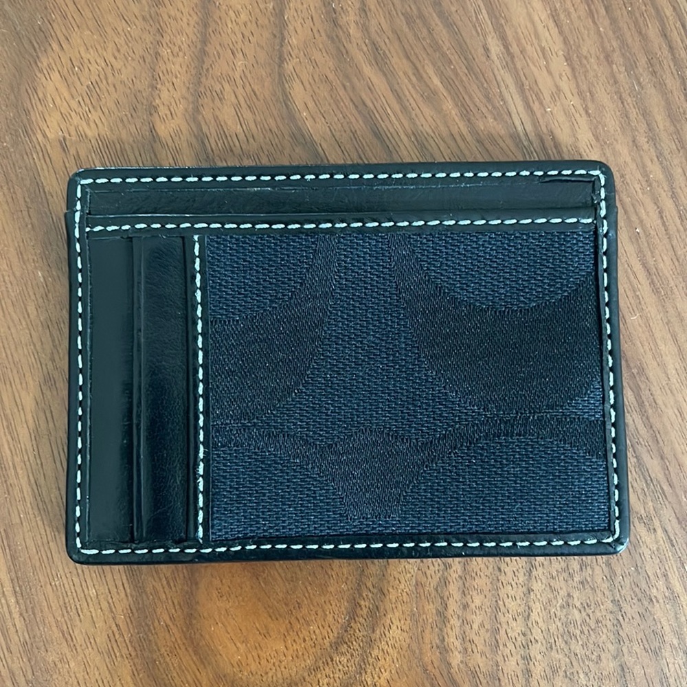 COACH Slim Flat Leather Card Case / Wallet in Denim Blue & Black EUC
